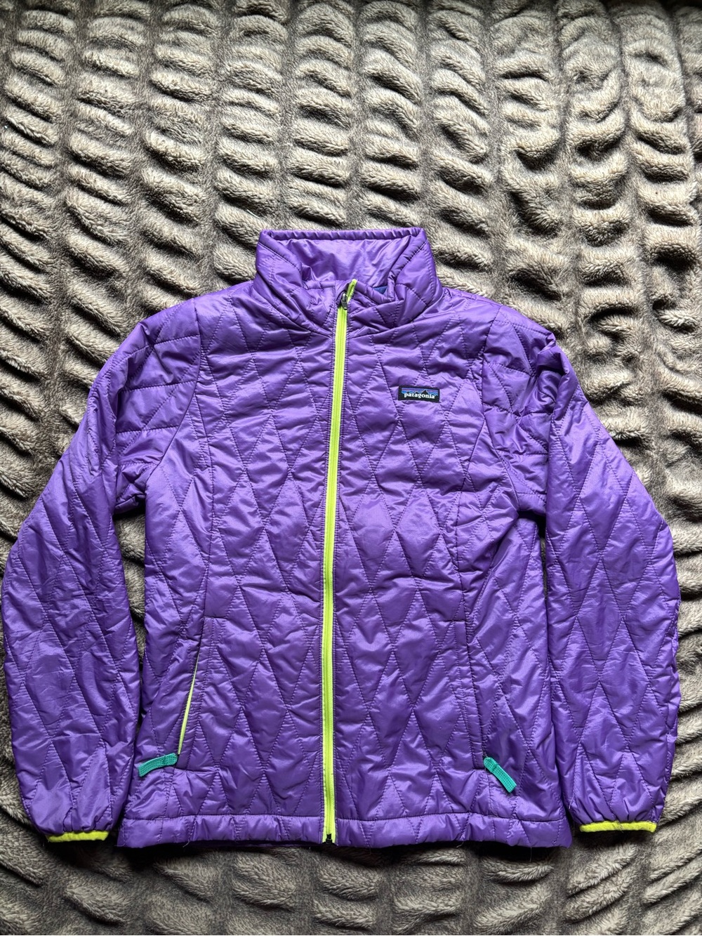 Patagonia Kids Purple Puffer Jacket with Lime Trim